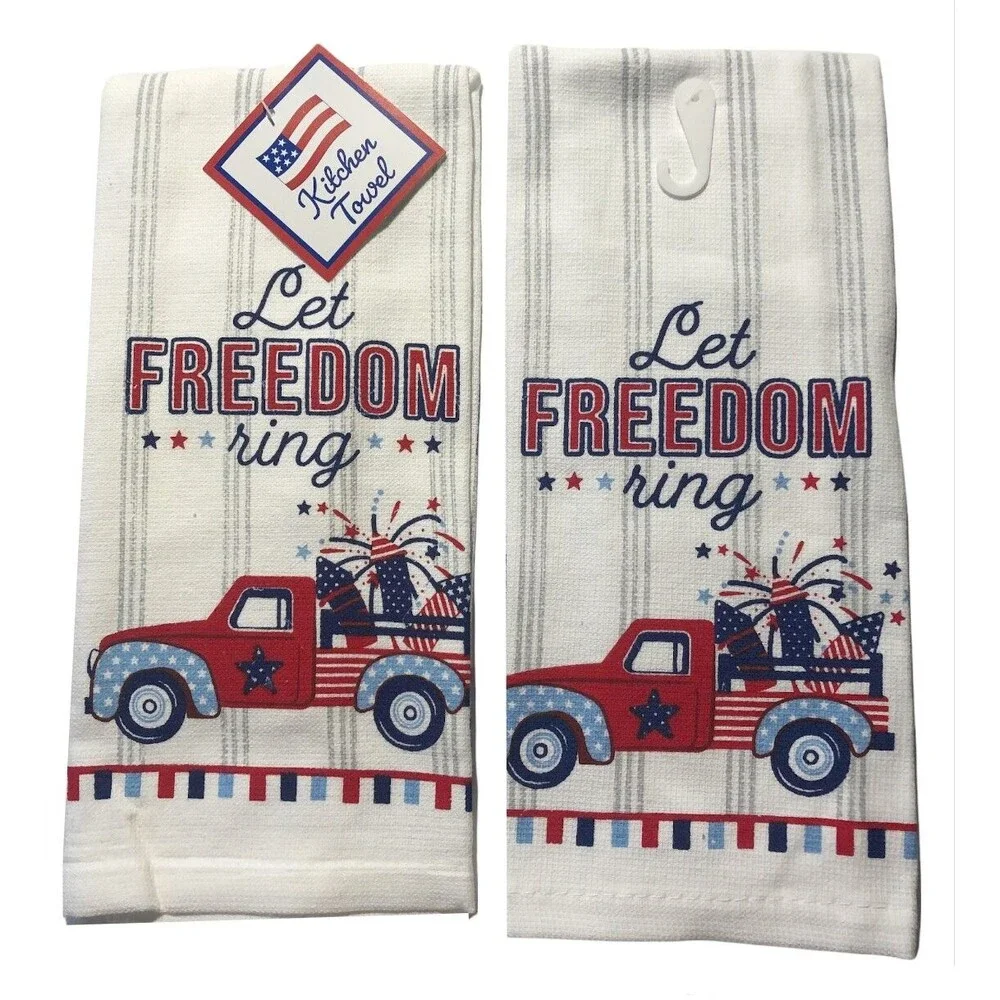 July 4th Kitchen Dish Towels Set of 2 Let Freedom Ring Red Farm Truck Fireworks